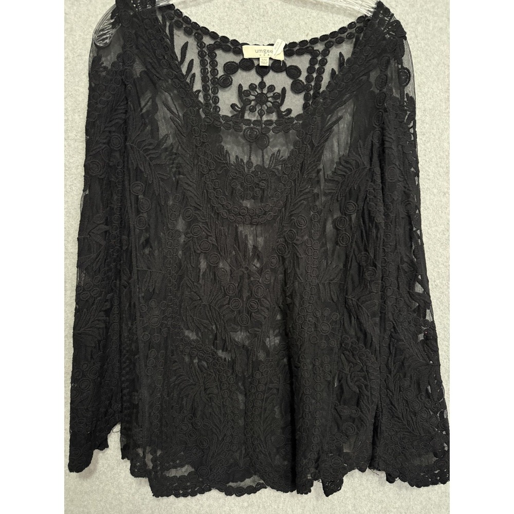 Umgee USA Blouse Womens S/M Black Embroidered Lace Tunic Top Boho Long Sleeve